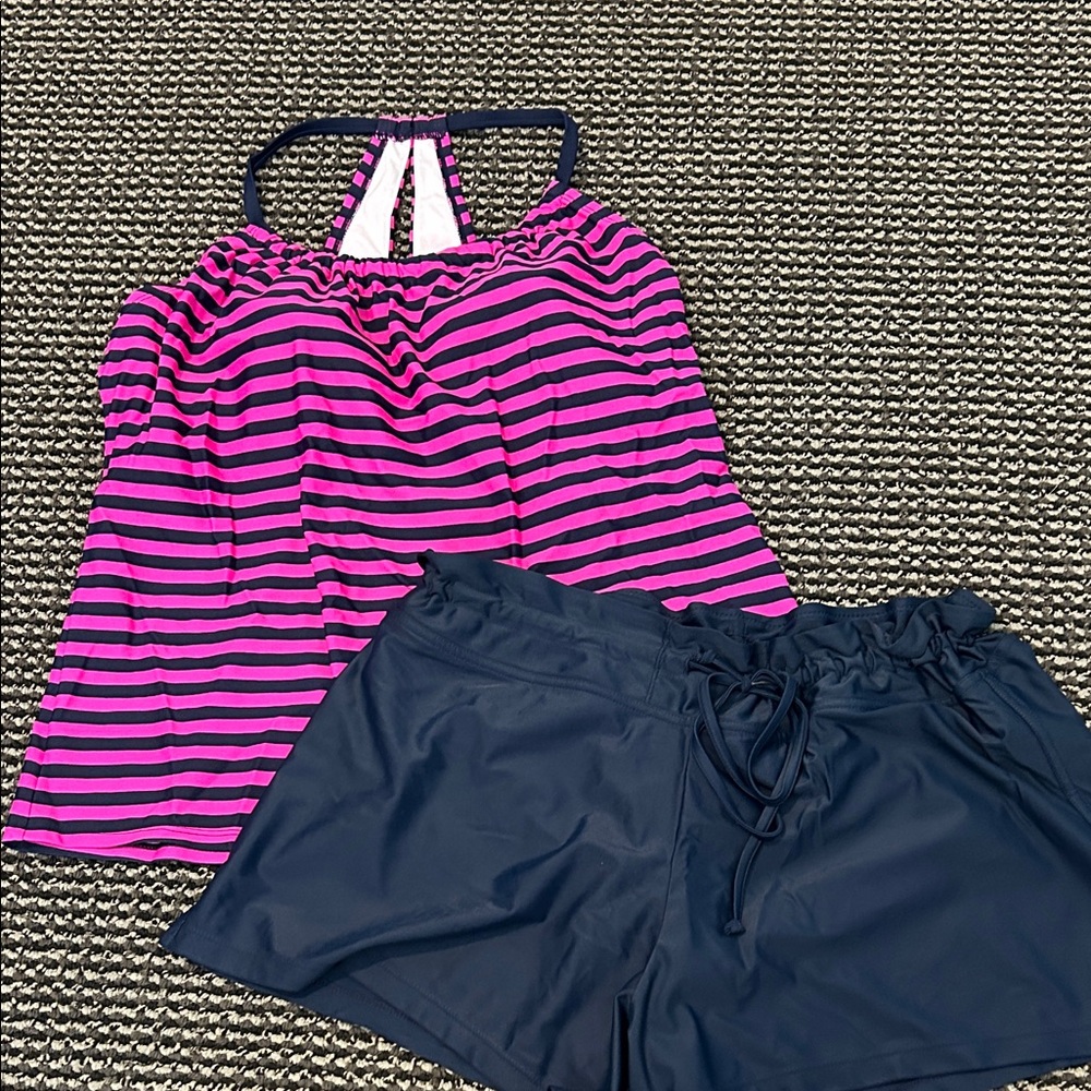 Pink and Navy Striped women’s swimsuit